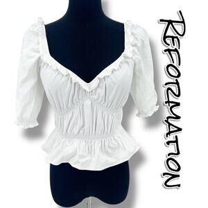 Reformation Vineyard White Smocked Ruffle Peasant Blouse Puff Sleeve Women’s XS